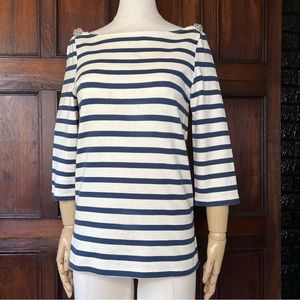 Chloé Navy and White Striped Knit Cotton Bedazzled Shirt Size Small